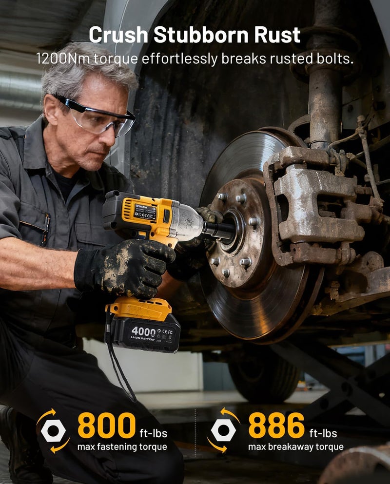 TaskStar Cordless Impact Wrench 1/2 Inch, 1200N·m(886ft・lbs) Brushless High Torque Impact Gun, 21V Electric Impact Driver, 2x4.0Ah Batteries, Charger & 6 Sockets, Variable Speeds for Car/Truck RV/Mower - Image 2